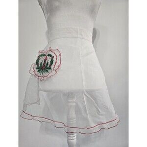 Vintage Christmas Apron Sheer Embroidery Holiday Wreath Candle Holly Ruffle Half